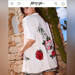 NastyGal Embroidered Beaded oversized button up  Shirt